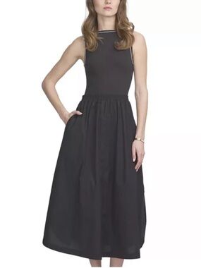 ELLE Collection Mix Media Tank Dress Sleeveless Black Midi Dress with Full Skirt